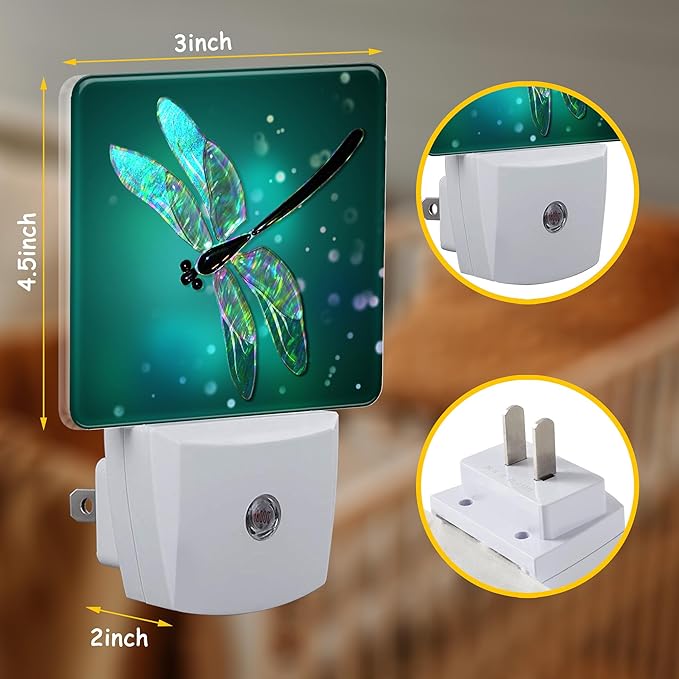 Fantasy Green Glowing Dragonfly Night Light Plug into Wall with Dusk to Dawn Sensor Energy Efficient LED Nightlight for Women Girls Boys Room Decor,Hallway,Kitchen,Bathroom,Nursery,Stairs