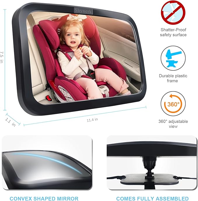 Shynerk Baby Car Mirror, Safety Car Seat Mirror for Rear Facing Infant with Wide Crystal Clear View, Shatterproof, 360° Rotation, Crash Tested and Certified