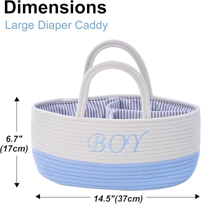 DUHEL Diaper Caddy Organizer with Handle,Baby Basket use for Diaper Organizer and Storage,Baby Boys Newborn Essentials,3 Compartments-Cotton rope Material Storage for Home or Travel.(White＆Blue)