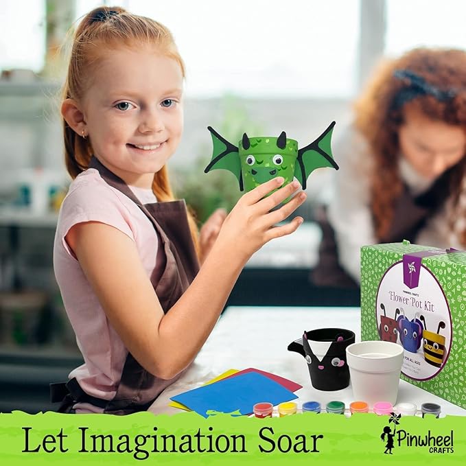 Pinwheel Crafts Flower Pot Painting Kit – Paint Your Own Kids Gardening Set with Seeds, Soil, 8 Paints, 2 Brushes & 3 Pots, DIY Plant Growing Kit for Kids Ages 8-12+, Kid Gardening Set