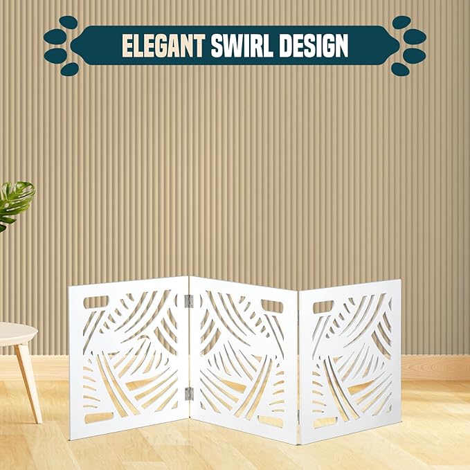 Bundaloo Freestanding Dog Gate Expandable Decorative Wooden Fence for Small to Medium Pet Dogs, Barrier for Stairs, Doorways, & Hallways (Swirl)