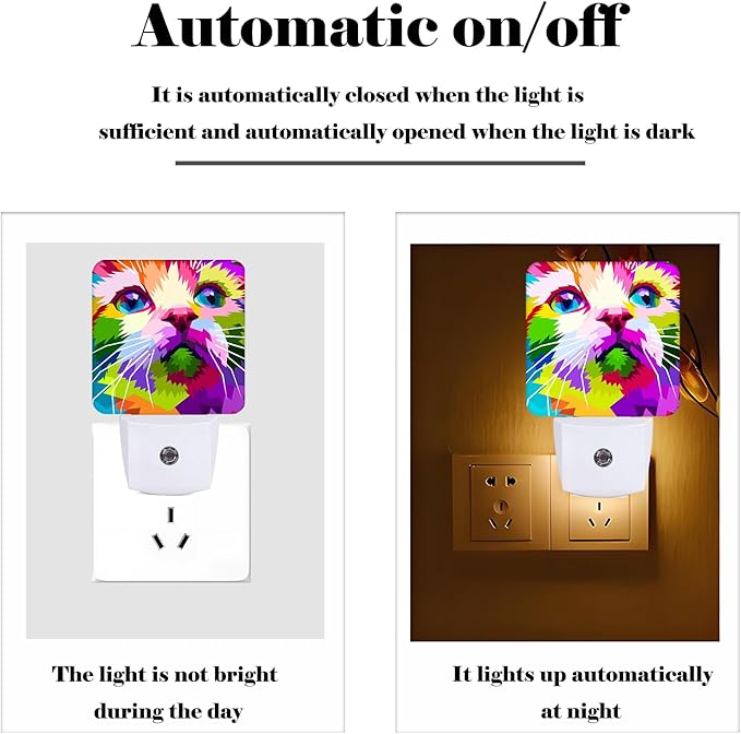 Colorful Cat Night Light,Plug Into Wall Decor for Stairway,Hallway,Kitchen,Dusk to Dawn Sensor Nightlights for Boys/Girls/Women/Men Room Gifts