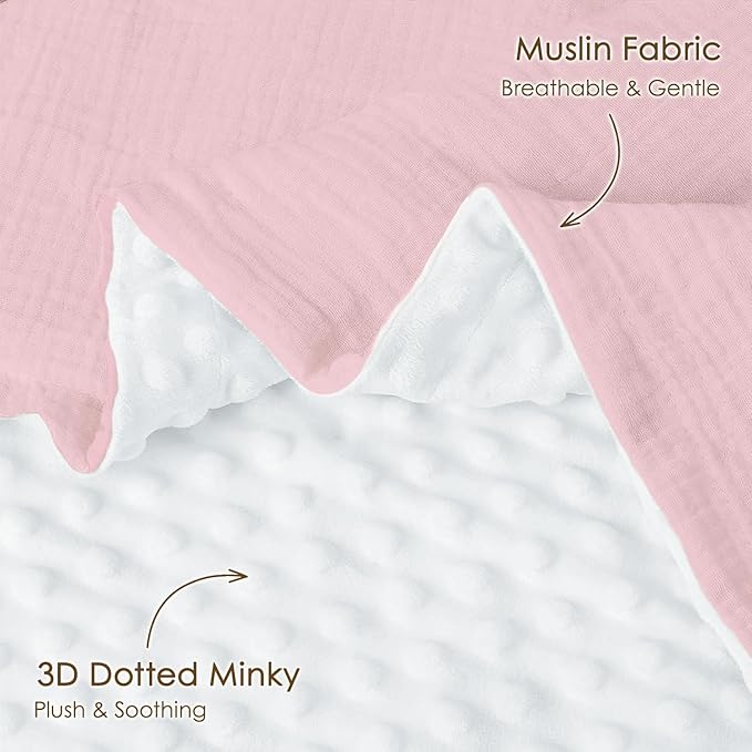 Baby Blankets for Girls, Soft Nursery Minky Blankets with Muslin and Dotted Fleece Back 30x40 inches, Receiving Bed Quilt for Newborn, Infants, Toddlers (Pink)