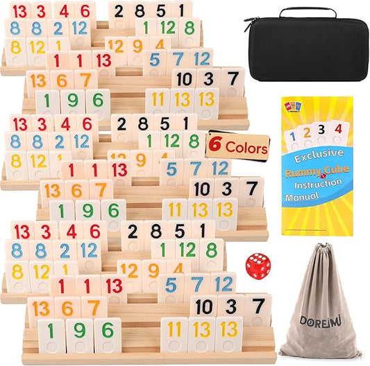 Premium Rummy Cube Game Set 6 Colors with 6 Wooden Holders and 162 Rummy Tiles, Travel Family Board Game for Adults and Kids