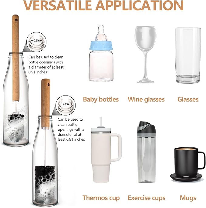 Baby Bottle Cleaner Brush Set Long Handle Silicone and Sponge Cleaning Brush for Beer Bottles, Cups, Wine Glasses, Coffee Mugs, Tumblers, Thermos,Replaceble Brush Head (4-Pack)