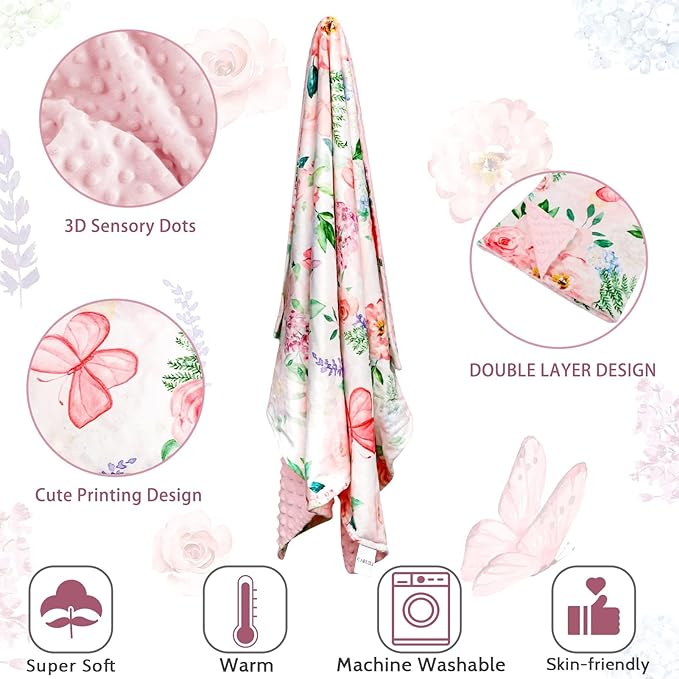 Baby Blankets for Girls Super Soft Minky Toddler Blanket 30x40 Inches, Double Layer, Dotted Backing, Floral Baby Crib Blanket for Nursery, Baby Car Seat, Pet, Pink Flower