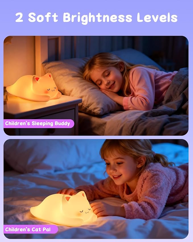 ZKLiLi Night Light for Kids Cute Cat Lamp,16 Colors+Tap+Remote+Silicone Kids Night Light,USB Remote Rechargeable Cat Night Lights for Room Decoration, Girls