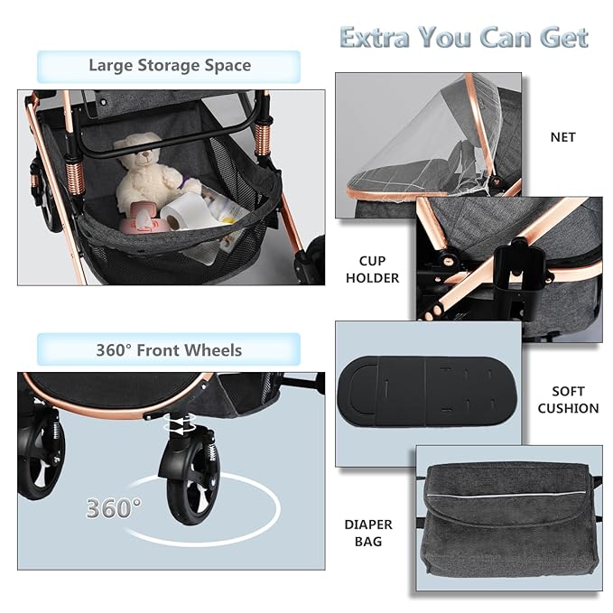 Kinder King 2 in 1 Convertible Baby Stroller, Folding High Landscape Infant Carriage, Newborn Reversible Pram, Adjustable Canopy, Diaper Bag, Anti-Shock Toddler Pushchair Stroller, Gold