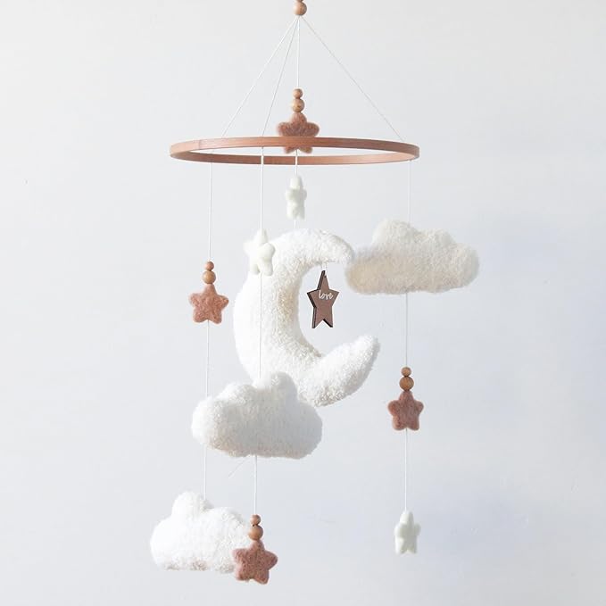 Cloud Crib Mobile for Girls & Boys, Boucle Cloud Baby Mobile for Crib Neutral Boho Nursery Mobile, Stars and Moon