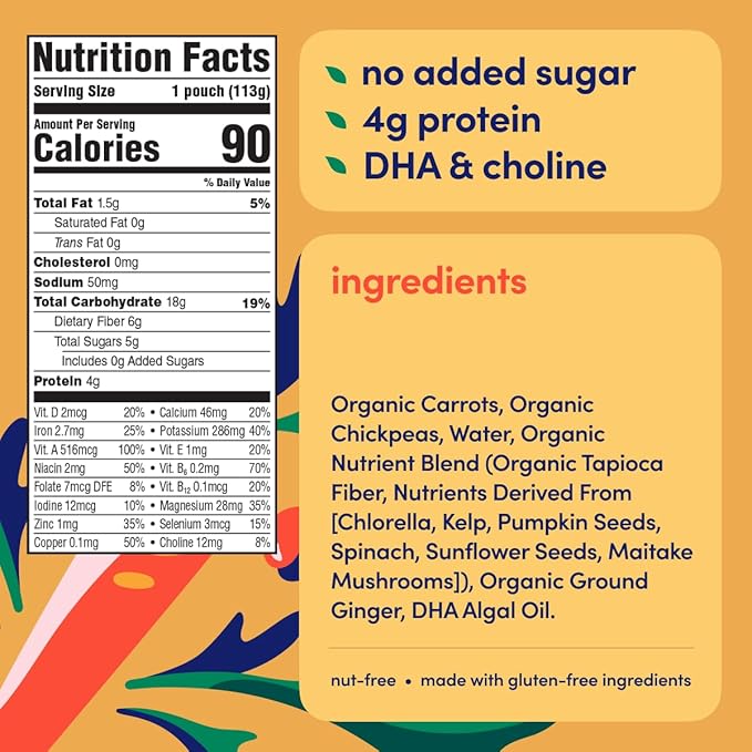 Cerebelly Baby Food Pouches, Veggie Purees for Toddlers, No Added Sugar, Fiber, Non-GMO, 4 Ounce BPA-Free, Carrot Chickpea, 18 Count