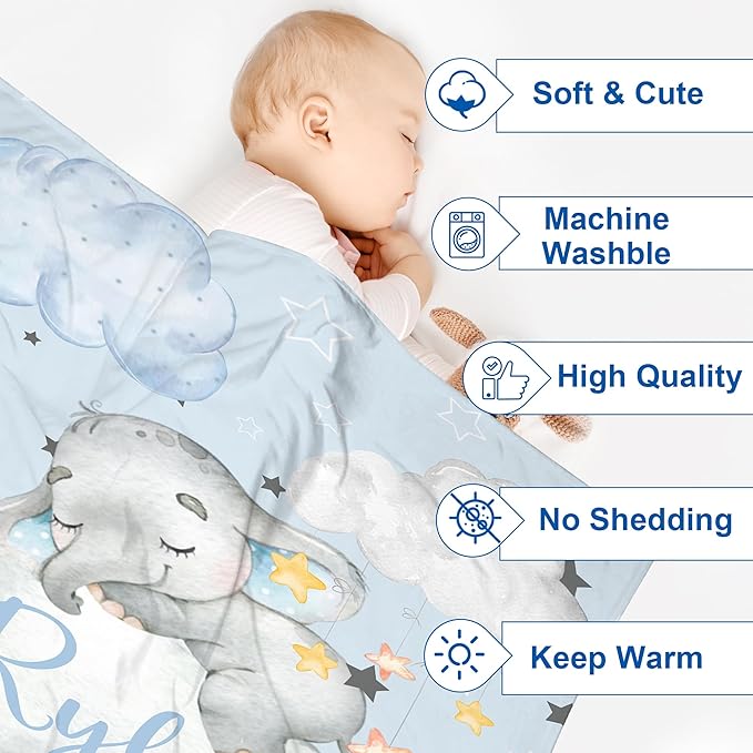 J&SBGFT Personalized Baby Blanket for Boys, Custom Baby Blanket with Name, Toddler Kids Nursery Stroller Crib Decor Throw, Sleeping Elephant