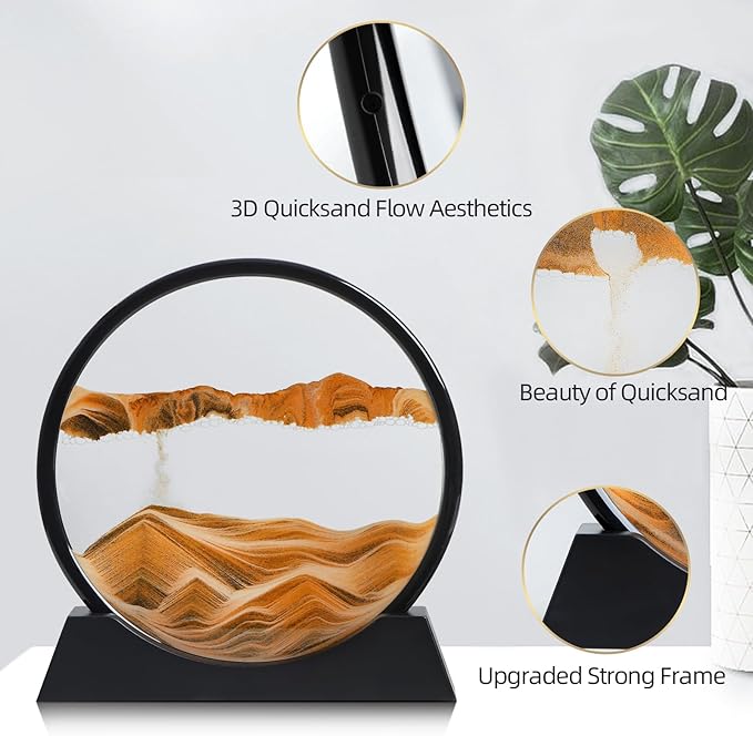 Moving Sand Art Liquid Motion, 3D Deep Sea Sandscape Color Quicksand Decor, Round Glass Moving Sand Art Picture Relaxing Desktop Home Office Work Decor (Orange, 12 inch)