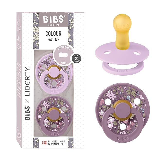 BIBS Colour Liberty Soother 2-Pack, BPA Free Dummy Pacifier, Round Nipple. Natural Rubber Latex, Made in Denmark, Size 2 (6-18 Months), Chamomile Lawn Violet Sky