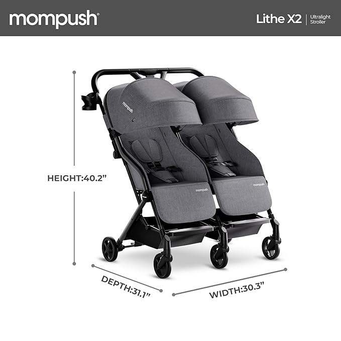 Mompush Lithe Double Stroller, Lightweight Side by Side Stroller for Newborn and Toddler, Easy Fold, Spacious Seats with Recline, UPF50+ Canopy