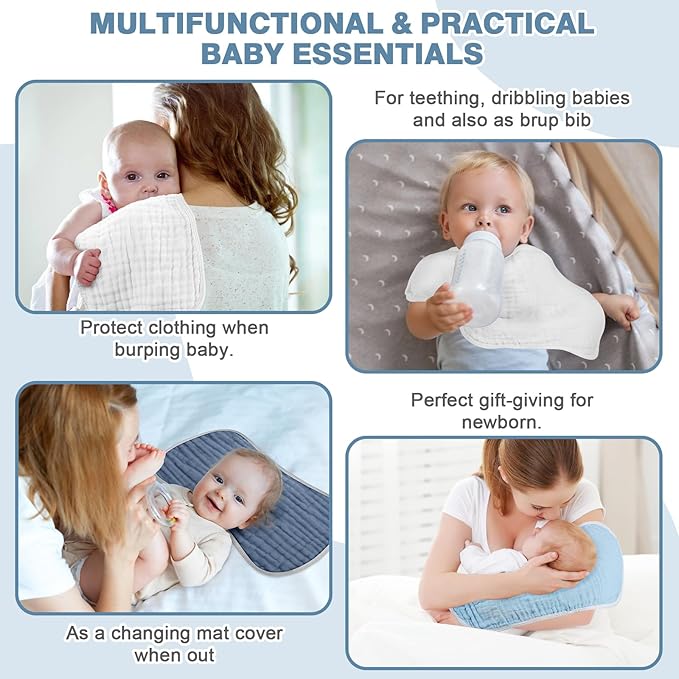 MUKIN Baby Muslin Burp Cloth Set of 6, Ultra Soft Absorbent Thick Cotton Burping Cloths for Unisex Newborn Babies, 20'' by 10'' Neutral Milk Spit Up Rags Boys Girls - Baby Must Haves. (Gradient Blue)