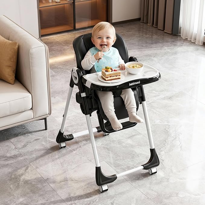 4 in 1 Baby High Chair, High Chairs for Babies and Toddlers, Foldable Highchair with 4 Wheels, 4 Levels of Recline and 7 Levels of Height Adjustment (Black)