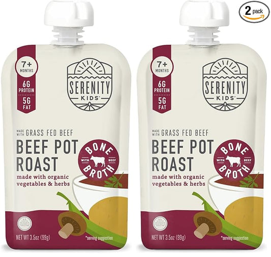 Serenity Kids Bone Broth Puree Made With Organic Veggies | Clean Label Project Purity Award Certified | 3.5 Ounce BPA-Free Pouch | Grass Fed Beef Pot Roast | 1 Count (Pack of 2)