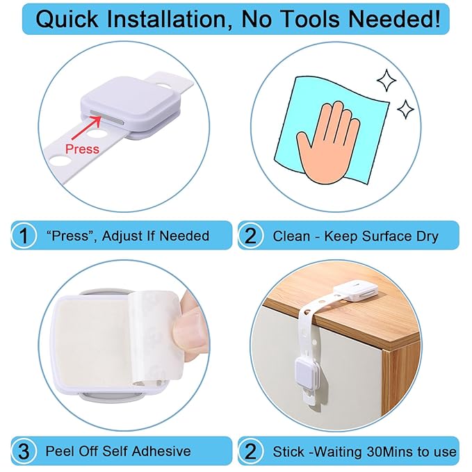 Fursafe&Q Cabinet Locks Baby Proofing, Baby Drawer Safety Locks -Adhesive Child Safety Lock Straps Adjustable Door Latch for Fridge Toilet Oven No Drill Furniture Kitchen Lock