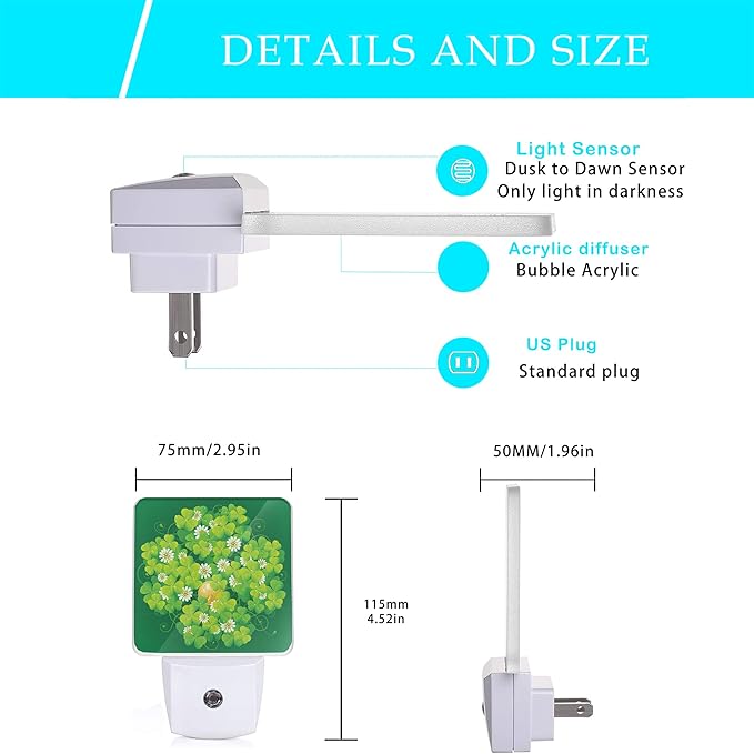 St Patrick's Day Night Light,Happy Green Clover Night Lights Plug into Wall with Dusk to Dawn Light Sensors 0.5W Led Night-Lights for Stairway/Hallway/Bedroom St Patrick's Day Décor