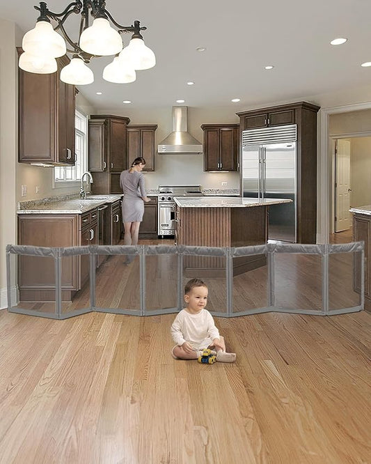 Extra Wide Baby Gate Playpen with Heat-Resistant Mesh,8 Panel Foldable Baby Fence,Indoor/Outdoor Safety Barrier,Dog Playpen & Fireplace Gate Gray