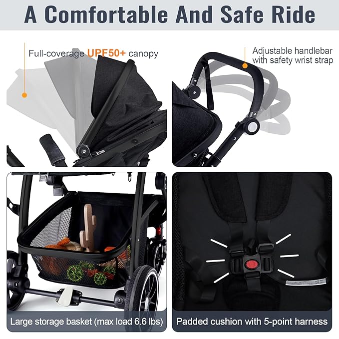 Baby Stroller, 2-in-1 Reversible Toddler Seat with Lie-Flat Mode, Foldable Infant Stroller with Canopy, One Button Brake, Adjustable Handle, Newborn Pushchair (Black B)