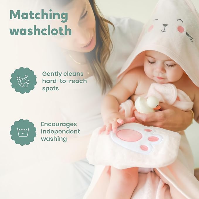 CuddleBug Hooded Baby Bath Towel & Washcloth Set (Bunny) - 100% Cotton Terrycloth Hooded Baby Towels for Newborn & Toddler, Super-Soft & Ultra-Absorbent, Newborn Essentials (30" x 30") - Blush Pink