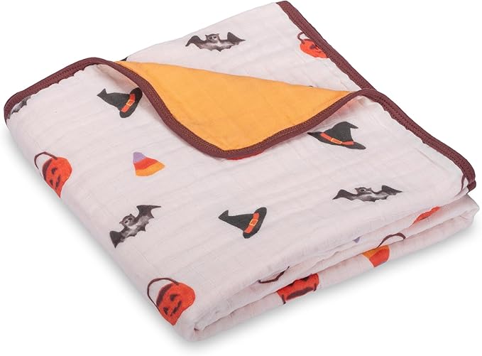 LollyBanks Muslin Baby Blanket 100% Organic Cotton, Muslin Quilt Lightweight, 6 Layers Soft Blanket Neutral, 47"x 47" Toddler Blankets for Girls and Boys (Pumpkin,Bat,Witch Hat/Halloween Print)