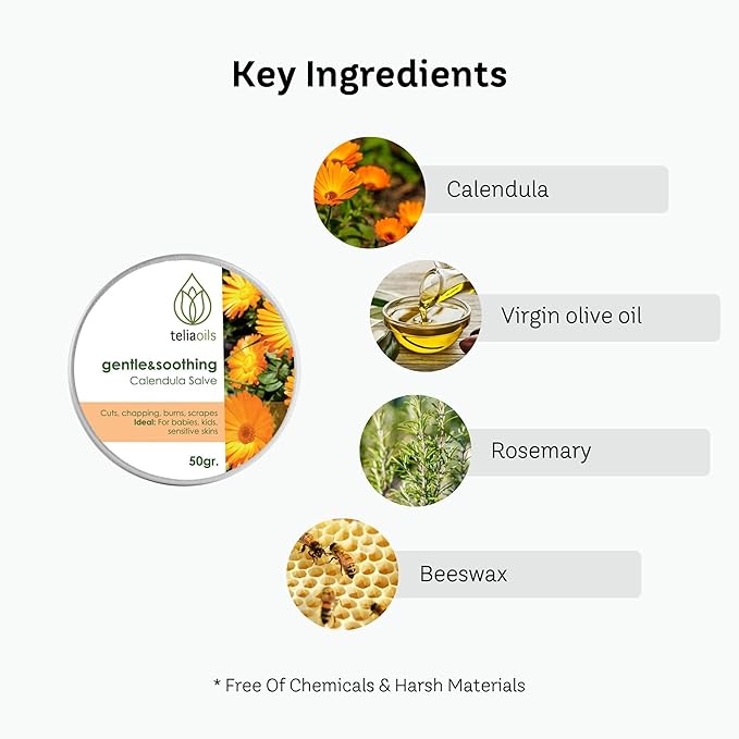 Teliaoils Calendula Salve (Marigold) For Baby Skin and Facial Use. Soothing Herbal Cream for Rashes, Irritated Skin, Dry Skin and Chapped Skin 50 Ml / 1.7 Oz