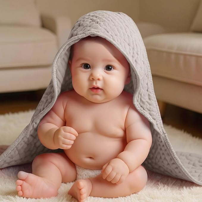 Peryiter 4 Pcs Muslin Hooded Baby Towels, 32"x 32" Cotton Newborn Bath Towel Muslin Infant Baby Blankets Absorbent Unisex Christmas Registry Gift Essentials for Girls Boys (Green,Gray,Beige)