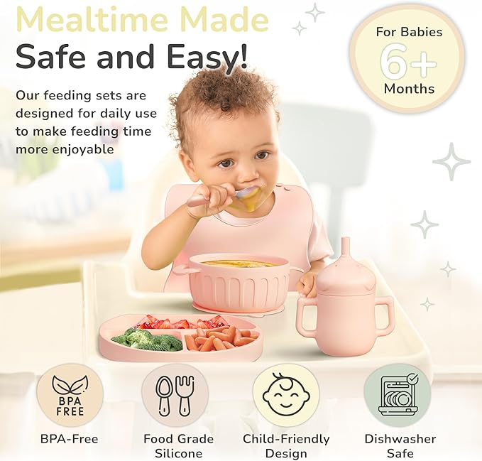mimi & kiki BPA-Free Silicone Baby Feeding Set, Baby Plates and Bowls Set, Baby Led Weaning Supplies, Silicone Suction Plate, Baby Utensils, Bib and Cup, Self Feeding, Dishwasher Safe (Light Pink)