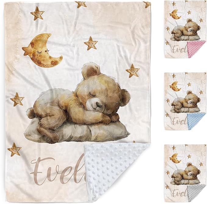 Personalized Baby Blanket, Custom Name Baby Blanket for Boys Girls, Brown Bear Double Layer Dotted Backing Receiving Swaddle Blankets, Infants Toddlers New Parents Customized Gifts(60"x80")