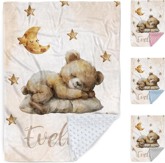 Personalized Baby Blanket, Custom Name Baby Blanket for Boys Girls, Brown Bear Double Layer Dotted Backing Receiving Swaddle Blankets, Infants Toddlers New Parents Customized Gifts(60"x80")