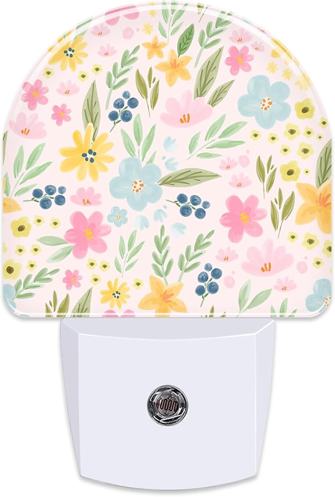 Watercolor Spring Flowers Night Light for Kids,Pink Botanical Leaves Floral Night Light Plug in with Dusk to Dawn Sensor,0.5w Energy Saving Nightlight for Hallway Stairway Kitchen Bedroom