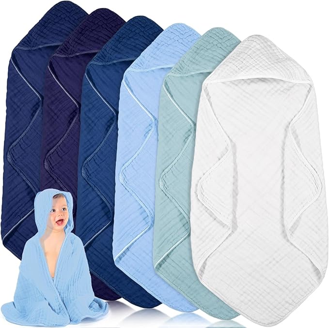 Peryiter 6 Pcs Muslin Hooded Baby Towels, 32"x 32" Cotton Newborn Bath Towel Muslin Infant Baby Blankets Absorbent Unisex Newborn Registry Gift Essentials for Girls Boys (Blue)