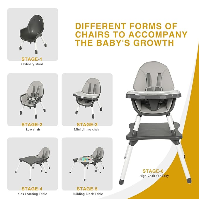 Gofirst 6 in 1 Baby High Chair,Convertible High Chairs for Babies and Toddlers/Booster Seat/Table and Chair Set,Baby Feeding Chair/5-Point Harness,4-Position Removable Tray&PU Cushion Baby Highchair