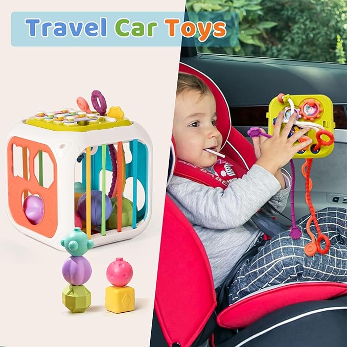 7 in1 Sensory Development Multifunctional Sensory Teething Toys for 2 Year Old Boy Girl,Shape Sorter Pull String Travel Car Toys for 18 Month