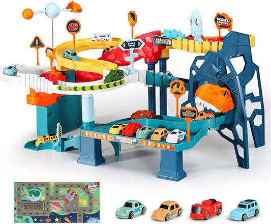 RedCrab Kids Space Car Playset Toy Ramp Track Set,Winding Highway Space Dinosaur Hill Toy,Light and Music Educational Toys for Age3+ Boys Girls with 4 Mini Cars & Map,Good Gift for Birthday Christmas