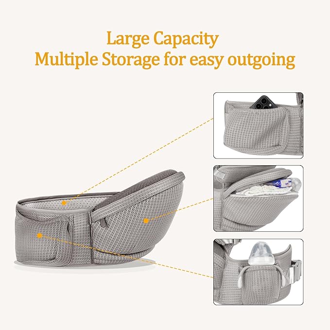 Baby Hip Carrier - Hip Carrier for Baby with Baby Safety Strap - Toddler Carrier 7-45 lbs - Ergonomic Infant Holder Baby Carrier with Hip Seat Large Capacity Pockets（Light Grey）
