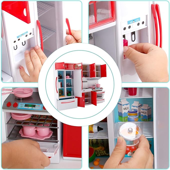 Gourmet Red Doll Modern Kitchen Mini Toy Playset with Lights and Sounds, Perfect for 12 Inch Dolls