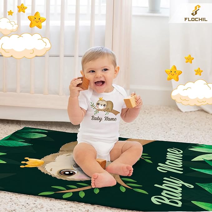 FLOCHIL Personalized Baby Blankets, Custom Baby Blanket - Baby Blanket with Name for Boys, Best Gift for Baby, Newborn Elephants Flush Fleece (30x40) (Sloth)