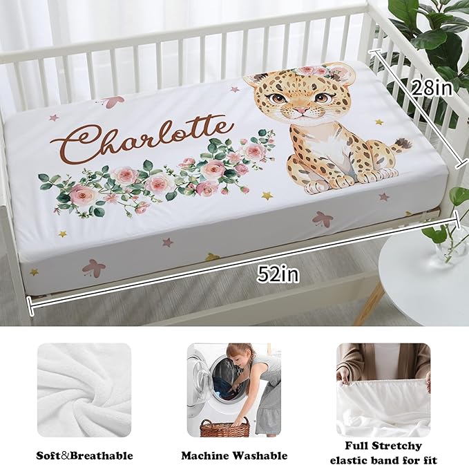 Custom Nursery Crib Bedding Set: Personalized Name 4 Piece Floral Leopard Design Baby Crib Sets for Girls - Toddler Double Layer Blanket Set, Comfortable Crib Bed Sheets for Baby Toddlers