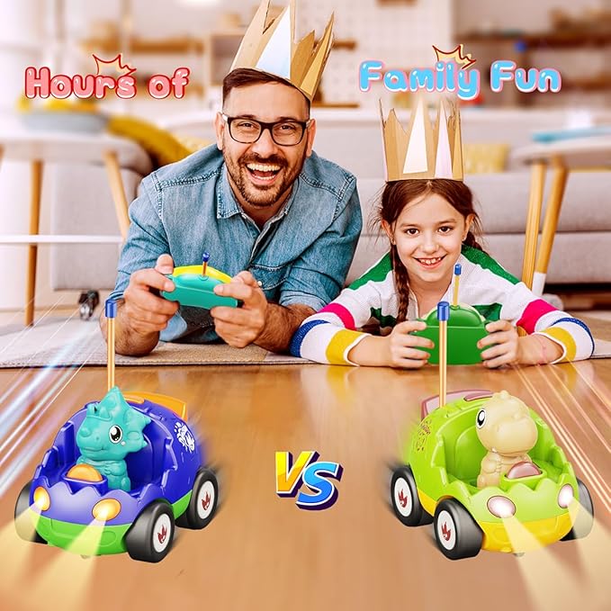 2 Pack Dinosaur Toys Remote Control Cars for Toddlers Ages 2 3 4 5, Christmas Birthday Gifts for 2-5 Year Old Boys, Dinosaur RC Car Toys with Music and Lights (Green Blue)