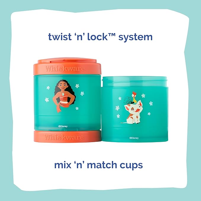 Whiskware Disney Princess Moana, Stackable Snack Containers for Kids, 3 Stackable Snack Cups for School or Travel, Formula and Cupholder Friendly, Moana and Pua