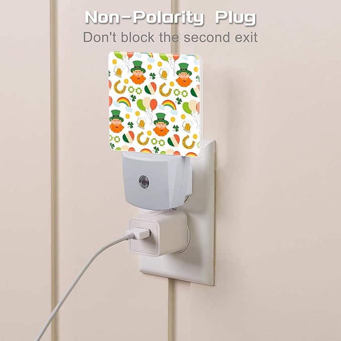 St. Patrick's Day Cute Pattern Night Light for Kids,Green Shamrock Leprechaun and Rainbow Night Light Plug in with Dusk to Dawn Sensor, 0.5w Energy Saving Sleep Friendly Nightlight for Kitchen Bedroom