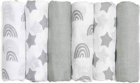 GLLQUEN BABY Receiving Blanket Boy Cotton Muslin Swaddle Blankets Girl Newborn Squares Breathable & Soft Thin Baby Blankets Cloths Double Absorbent Infant Swaddling Wrap - 6 Pack (Star)