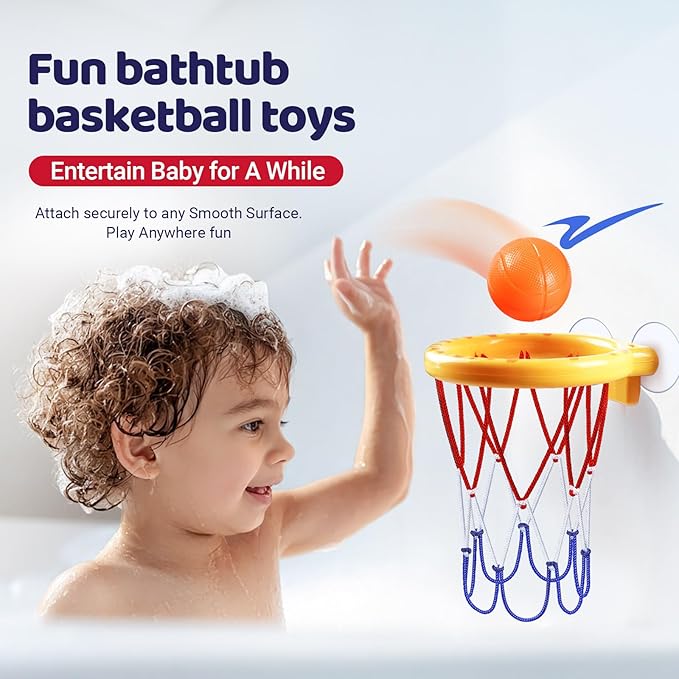 Bath Toys, Bathtub Basketball Hoop for Toddler Kids - 5 Soft No-Hole Balls, Yellow Duck Cartoon Style with Strong Suction Cups, Baby Shower Toy Set for Boys & Girls, Gift-Ready
