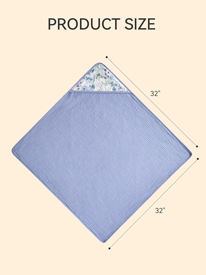 TILLYOU Muslin Hooded Baby Towels for Newborn 2 Pack, 32x32Inch Soft Baby Bath Towel Highly Absorbent for Newborn and Infant, Essential for Newborn Care, Blue Flower