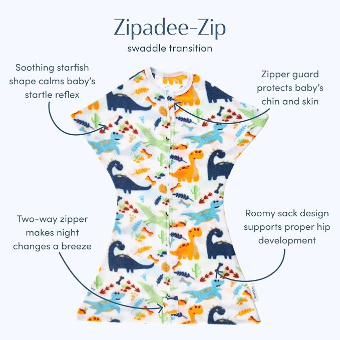 SleepingBaby Zipadee-Zip Transition Swaddle - Cozy Fleece Wearable Blanket with Two-Way Zipper for Baby Sleep - Dino, Medium (6-12 Month)