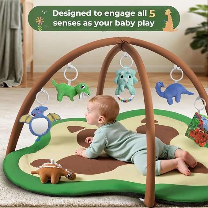 Baby Gym Play Mat, Oversize Dinosaur Claws Shaped Tummy Time Mat with 6 Detachable Baby Activity Toys, Baby Play Mat Promote Motor Skills & Sensory Development, Newborn Infant Essentials Gift