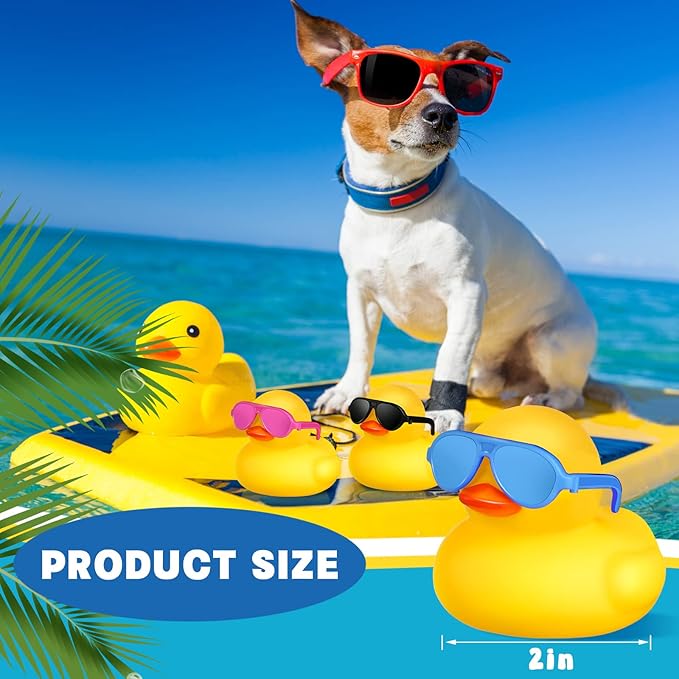 Chivao 12 Pcs Rubber Ducks with 12 Sunglasses/ Hats/ Headwear Small Mini Carnival Cruise Birthday Rubber Duckies Bathtub Toys in Bulk(Duck with Colored Glasses,Yellow)